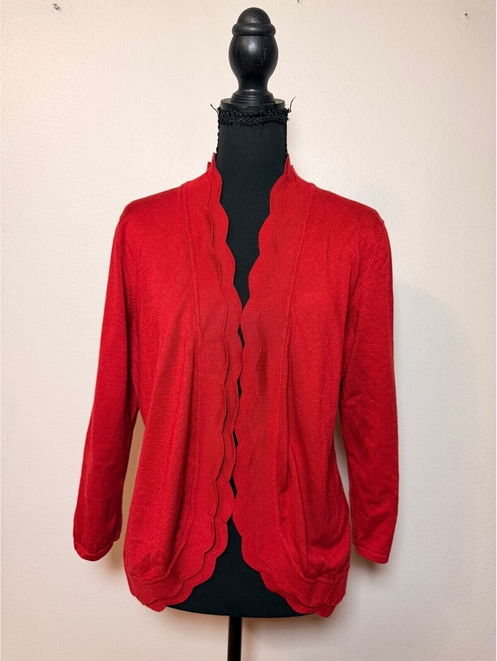 Cable & Gauge Red Scallop Edge Open-Front Cardigan L Fall